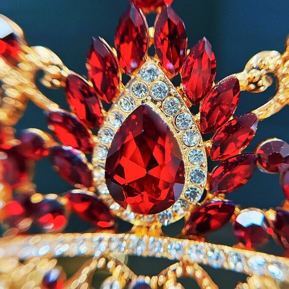 Gold Crown Crystal Tiara, Princess Crown, Gold Wedding Tiara, Wedding Ruby Crown main image 4